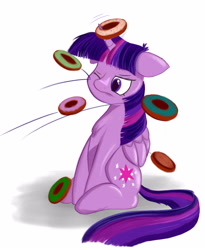 Size: 2904x3550 | Tagged: safe, artist:greenfinger, twilight sparkle, twilight sparkle (alicorn), alicorn, pony, donut, floppy ears, food, one eye closed, ring toss, simple background, sitting, solo, unamused, white background