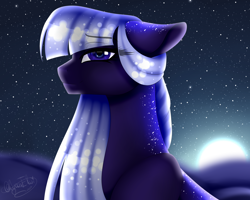 Size: 2000x1600 | Tagged: safe, artist:minelvi, oc, oc only, oc:deep sky, pony, female, mare, moon, night, solo