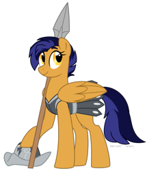 Size: 825x961 | Tagged: safe, artist:faith-wolff, oc, oc only, oc:ardent sentry, pegasus, pony, fanfic:the bridge, armor, armor skirt, clothes, cute, female, helmet, history, mare, skirt, spear, weapon