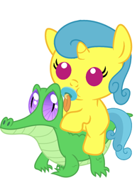 Size: 786x1017 | Tagged: safe, artist:red4567, gummy, lemon hearts, pony, baby, baby pony, cute, lemonbetes, pacifier, ponies riding gators, riding, weapons-grade cute