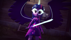 Size: 1920x1080 | Tagged: safe, artist:razethebeast, midnight sparkle, sci-twi, twilight sparkle, equestria girls, 3d, alternate hairstyle, clothes, female, long hair, loose hair, solo, source filmmaker, sword, weapon