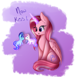 Size: 1024x1024 | Tagged: safe, artist:mindlesssketching, princess flurry heart, oc, oc:ashley, oc:galaxy star, alicorn, pony, alicorn oc, canon x oc, female, glowing horn, magic, mare, plushie, shipper on deck, simple background, sitting, telekinesis, toy, transparent background