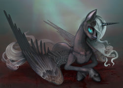 Size: 1280x914 | Tagged: safe, artist:vitaj, oc, oc only, oc:malice, alicorn, pony, alicorn oc, female, mare, prone, solo, spread wings, unshorn fetlocks