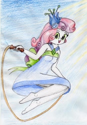 Size: 1846x2643 | Tagged: safe, artist:40kponyguy, derpibooru exclusive, sweetie belle, equestria girls, make new friends but keep discord, bare shoulders, barefoot, clothes, dress, feet, flower, flower in hair, gala dress, jump rope, jumping, looking at you, looking down, low angle, requested art, solo, traditional art