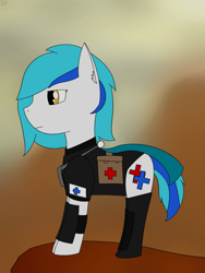 Size: 1536x2048 | Tagged: safe, artist:azuresartden, oc, oc only, oc:alter ego, earth pony, pony, clothes, cutie mark, female, hooves, mare, medic, medical saddlebag, saddle bag, solo, standing