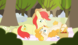 Size: 1560x900 | Tagged: safe, artist:dm29, bright mac, pear butter, pony, the perfect pear, brightbutter, cute, eye contact, food, forest, grass, lidded eyes, looking at each other, mouth hold, on back, open mouth, pearabetes, picnic, picnic blanket, prone, shipping, smiling, strawberry, tree