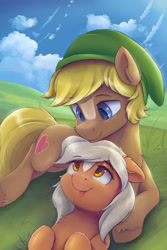 Size: 3600x5400 | Tagged: safe, artist:ardail, quarter hearts, earth pony, pony, :p, chest fluff, cloud, colored pupils, cuddling, cute, daaaaaaaaaaaw, duo, ear fluff, epona, eponadorable, eye contact, female, field, floppy ears, fluffy, grass, hat, lidded eyes, link, looking at each other, male, mare, on back, ponified, precious, prone, quarterbetes, resting, scenery, smiling, stallion, the legend of zelda, tongue out, unshorn fetlocks
