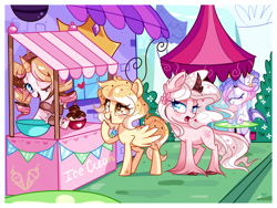 Size: 2000x1500 | Tagged: safe, artist:ipun, oc, oc only, oc:chocolate chip, oc:frozen confection, oc:moonaroon, oc:weary blossom, classical unicorn, pegasus, pony, unicorn, blushing, bowl, cherry, cloven hooves, eyes closed, food, heart, heart eyes, ice cream, leonine tail, milkshake, one eye closed, open mouth, raised hoof, shopkeeper, smiling, spread wings, table, unshorn fetlocks, wingding eyes, wink