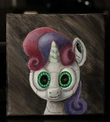 Size: 1280x1408 | Tagged: safe, artist:horseez, sweetie belle, sweetie bot, pony, robot, robot pony, unicorn, acrylic painting, bust, female, filly, foal, horn, looking at you, paint, portrait, solo, traditional art