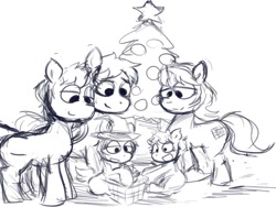 Size: 800x600 | Tagged: safe, artist:danteante, oc, oc only, oc:bizarre song, oc:cube song, oc:nahuelin, oc:nahuelina, oc:spark song, pegasus, plant pony, pony, unicorn, bizalina, brother and sister, christmas, christmas lights, christmas tree, daughter, family, father, father and child, father and daughter, father and son, female, filly, foal, gift wrapped, happy, looking down, male, monochrome, mother, mother and child, mother and daughter, mother and son, parent and child, parent:oc:bizarre song, parent:oc:nahuelina, parents:bizalina, plant, present, siblings, sketch, son, tree