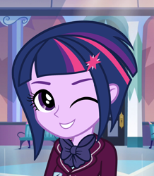 Size: 1412x1620 | Tagged: safe, artist:bronywawa, sunny flare, twilight sparkle, equestria girls, alternate hairstyle, clothes, crystal prep academy uniform, female, hairpin, one eye closed, recolor, school uniform, short hair, solo, wink