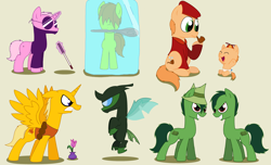 Size: 4584x2796 | Tagged: safe, artist:pupster0071, alicorn, changeling, earth pony, pony, unicorn, absurd resolution, brown background, buddhist monkey, cro-marmot, cub, flower, frozen, happy tree friends, lifty, ninja, ponified, pop, shifty, simple background, the mole