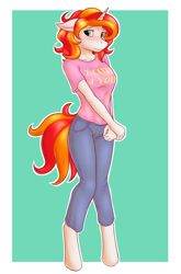 Size: 2800x4241 | Tagged: safe, artist:daf, oc, oc only, oc:star shimmer, anthro, unguligrade anthro, unicorn, absurd resolution, anthro oc, blushing, clothes, cute, female, jeans, mare, pants, pinup, shirt, solo, t-shirt, teal background, white outline