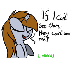 Size: 1280x1009 | Tagged: safe, artist:neuro, oc, oc only, oc:littlepip, pony, unicorn, fallout equestria, covering, covering eyes, cute, dialogue, eyes closed, female, floppy ears, hidden, it just works, mare, open mouth, seems legit, silly, simple background, smiling, solo, the perfect plan, transparent background