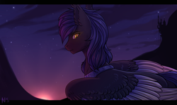 Size: 3260x1927 | Tagged: safe, artist:nightskrill, oc, oc:layson desire, pegasus, pony, canterlot, glowing eyes, magic, male, night guard, solo, stars, twilight (astronomy)