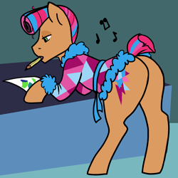 Size: 1767x1765 | Tagged: safe, artist:/d/non, starstreak, pony, bent over, clothes, hair curlers, leaning, male, mouth hold, music notes, pencil, plot, robe, solo