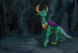 Size: 1702x1156 | Tagged: safe, artist:testostepone, thorax, changedling, changeling, to where and back again, alternate design, cave, changeling hive, changeling king, king thorax, looking at something, painting, realistic anatomy, solo