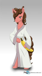 Size: 532x945 | Tagged: safe, artist:askspiritrootsandthetree, oc, oc only, oc:banana pie, pony, banana, bipedal, crossover, food, gradient background, samurai jack, solo