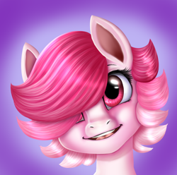 Size: 1564x1554 | Tagged: safe, artist:jitterbugjive, oc, oc only, oc:petal, pony, bust, female, hair over one eye, mare, portrait, smiling, solo