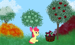 Size: 2500x1500 | Tagged: safe, artist:silversthreads, apple bloom, earth pony, pony, apple, female, filly, food, solo