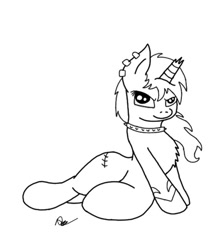 Size: 532x593 | Tagged: safe, artist:pizzamovies, oc, oc only, oc:deathsong, pony, base used, bedroom eyes, branding, broken horn, collar, ear piercing, female, lying down, mare, on side, piercing, simple background, sitting, solo, tattoo