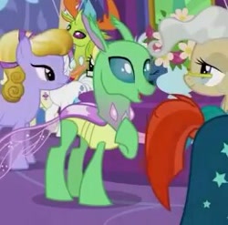 Size: 260x257 | Tagged: safe, screencap, mayor mare, sunburst, thorax, changedling, changeling, pony, celestial advice, background changeling, background pony, hoof on chest, king thorax, smiling, solo focus