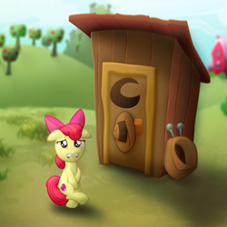 Size: 1669x1669 | Tagged: safe, artist:frogem, apple bloom, pony, bow, covering crotch, desperation, female, filly, hair bow, looking at you, need to pee, omorashi, outhouse, potty dance, potty emergency, potty time, request, requested art, solo, sweet apple acres, trotting in place