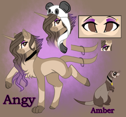 Size: 1088x1009 | Tagged: safe, artist:xxmissteaxx, oc, oc only, oc:angy, ferret, hybrid, pony, unicorn, female, mare, panda hat, reference sheet, solo