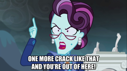 Size: 1100x618 | Tagged: safe, edit, edited screencap, screencap, principal abacus cinch, equestria girls, friendship games, ear piercing, earring, exploitable meme, female, fgsfds, glasses, image macro, jewelry, meme, piercing, solo, spongebob squarepants, squilliam returns