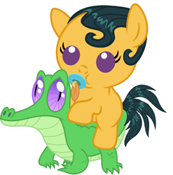 Size: 886x897 | Tagged: safe, artist:red4567, cleopatra jazz, gummy, pony, dungeons and discords, baby, baby pony, cute, pacifier, ponies riding gators, riding