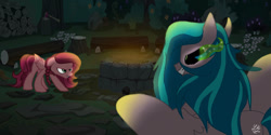 Size: 1024x512 | Tagged: safe, artist:larisa-keshias, gaea everfree, gloriosa daisy, pegasus, pony, angry, camp everfree, campfire, confrontation, duality, equestria girls ponified, log, night, ponified, self ponidox, tree