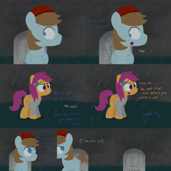 Size: 3840x3840 | Tagged: safe, artist:jake heritagu, scootaloo, oc, oc:clearwater, pony, comic:ask motherly scootaloo, ask-rain-catcher, chip mint, comic, crying, grave, gravestone, graveyard, hairpin, motherly scootaloo, rain, rain catcher, sweatshirt