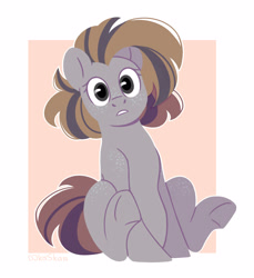 Size: 2629x2875 | Tagged: safe, artist:djkaskan, derpibooru exclusive, oc, oc only, earth pony, pony, abstract background, freckles, sitting, solo, surprised