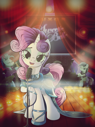 Size: 1500x2000 | Tagged: safe, artist:ruhisu, blue note, coloratura, sweetie belle, earth pony, pony, unicorn, beautiful, clothes, dress, ear piercing, earring, gown, jewelry, lovely, luxor hotel & casino, microphone, musical instrument, neon, older, open mouth, piano, piercing, rara, saxophone, singing, stage