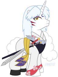 Size: 3045x4000 | Tagged: safe, artist:jennieoo, demon, demon pony, pony, unicorn, anime, clothes, crossover, inuyasha, male, ponified, sesshoumaru, simple background, solo, stallion, sword, transparent background, weapon