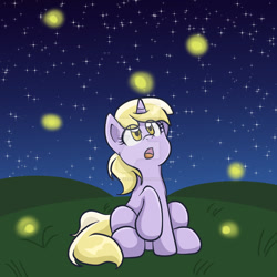 Size: 1024x1024 | Tagged: safe, artist:yoshimarsart, dinky hooves, firefly (insect), pony, grass field, night, open mouth, sitting, solo, stars, watermark