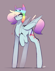 Size: 2162x2798 | Tagged: safe, artist:novabytes, oc, oc only, oc:pb, pegasus, pony, female, hat, long legs, looking at you, mare, ponysona, raised hoof, simple background, smiling, solo