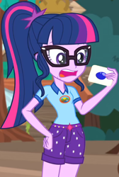 Size: 636x945 | Tagged: safe, screencap, sci-twi, twilight sparkle, equestria girls, legend of everfree, camp everfree outfits, card, clothes, glasses, ponytail, solo