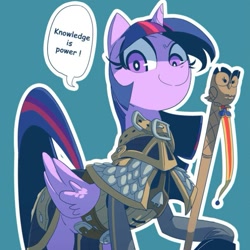 Size: 645x645 | Tagged: safe, artist:cakewasgood, edit, owlowiscious, twilight sparkle, twilight sparkle (alicorn), alicorn, owl, pony, armor, cropped, crossover, khadgar, simple background, solo, staff, warcraft, world of warcraft