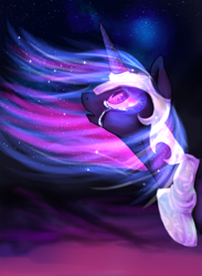 Size: 850x1162 | Tagged: safe, artist:not-ordinary-pony, twilight sparkle, alicorn, pony, crying, helmet, looking up, night, nightmare twilight, nightmarified, solo, stars