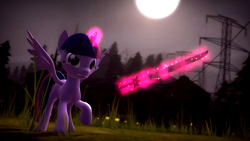 Size: 1920x1080 | Tagged: safe, artist:razethebeast, twilight sparkle, twilight sparkle (alicorn), alicorn, pony, 3d, forest, full moon, glowing horn, grass, katana, kenjutsu, magic, martial arts, moon, raised hoof, source filmmaker, sword, telekinesis, tree, warrior twilight sparkle, weapon