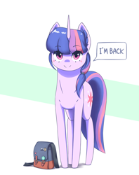 Size: 1900x2402 | Tagged: safe, artist:mrscroup, twilight sparkle, pony, unicorn, backpack, dialogue, female, looking at you, mare, solo, speech bubble