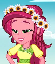 Size: 932x1080 | Tagged: safe, gloriosa daisy, equestria girls, legend of everfree, clothes, female, freckles, lip bite, magical geodes, solo