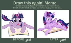 Size: 784x472 | Tagged: safe, artist:mailinya, twilight sparkle, twilight sparkle (alicorn), alicorn, pony, book, comparison, draw this again