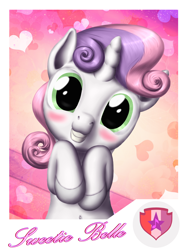 Size: 1200x1600 | Tagged: safe, artist:vasillium, sweetie belle, pony, unicorn, belly button, blushing, cutie mark, female, filly, grin, looking at you, smiling, solo, the cmc's cutie marks