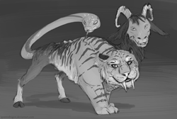 Size: 3575x2400 | Tagged: safe, artist:cuttledreams, chimera sisters, big cat, chimera, goat, snake, tiger, grayscale, monochrome, multiple heads, sketch, solo, three heads