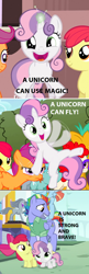 Size: 634x1950 | Tagged: safe, edit, edited screencap, screencap, apple bloom, bow hothoof, scootaloo, sweetie belle, windy whistles, earth pony, pegasus, pony, unicorn, one bad apple, parental glideance, the return of harmony, caption, cutie mark crusaders, screencap comic, unicorn master race