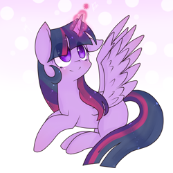 Size: 1000x1000 | Tagged: safe, artist:windymils, twilight sparkle, twilight sparkle (alicorn), alicorn, pony, cute, magic, missing cutie mark, prone, simple background, solo, spread wings