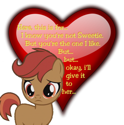 Size: 892x900 | Tagged: safe, button mash, forced shipping, forced sweetiemash, implied sweetie belle, implied sweetiemash, lasty's hearts, missing accessory, rejection, shipper on deck, simple, solo, valentine, valentine's day