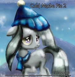 Size: 660x676 | Tagged: safe, artist:captainmexico, marble pie, earth pony, pony, clothes, cold, female, floppy ears, hat, mare, raised hoof, sad, scarf, snow, snowfall, solo